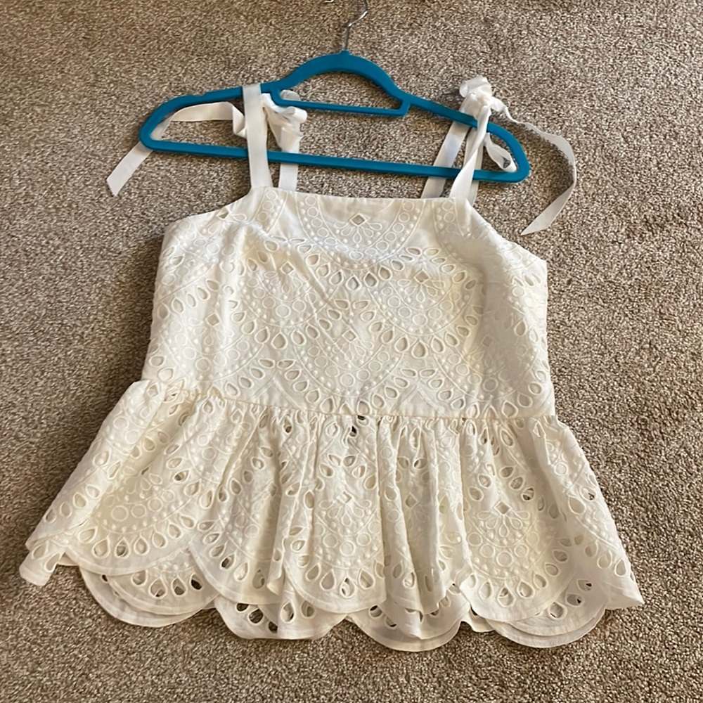 EUC J crew lace peplum tie shoulder top